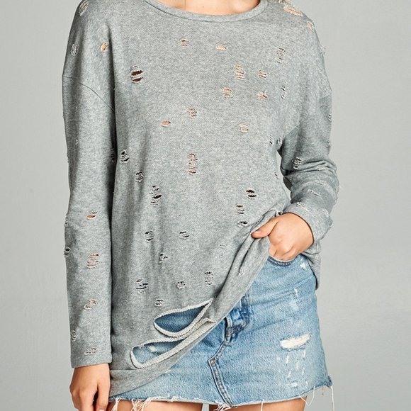 Heather Grey Distressed Ripped Sweater - Picture 2 of 3